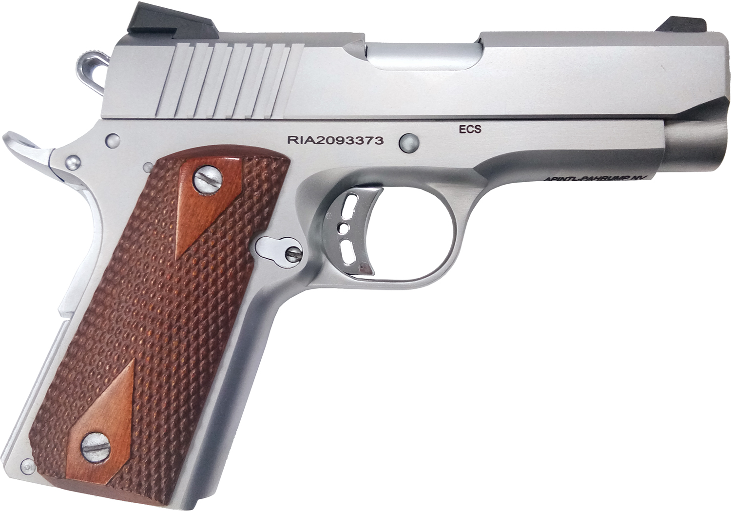 Rock Island 51868 Rock Standard CS *CA Compliant 45 ACP 3.63" 7+1 Matte Stainless Steel Frame & Slide Double Diamond Checkered Wood Grip
