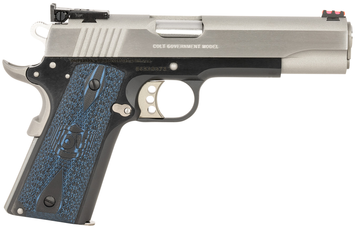 Colt Mfg O5970GCLTT Gold Cup Lite 45 ACP 8+1 5" Stainless National Match Barrel, Brushed Stainless Serrated Slide, Black/Stainless Stainless Steel Frame w/Beavertail, Blue Scalloped Checkered G10 Grip
