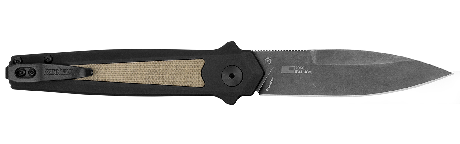 Kershaw Launch 15 Full Size 3.50" Folding Spear Point Plain Black Oxide Blackwash CPM MagnaCut Steel Blade/Black Anodized w/Tan Canvas Aluminum w/Micarta Inserts Handle Includes Pocket Clip