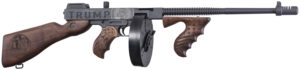 Thompson T1-14-50DC2 1927A-1 Deluxe 45 ACP 16.50" 20+1 (Stick), 50+1 (Drum), Trump Save America Engraved, Sniper Gray/Black Finish, American Walnut Furniture, Compensator
