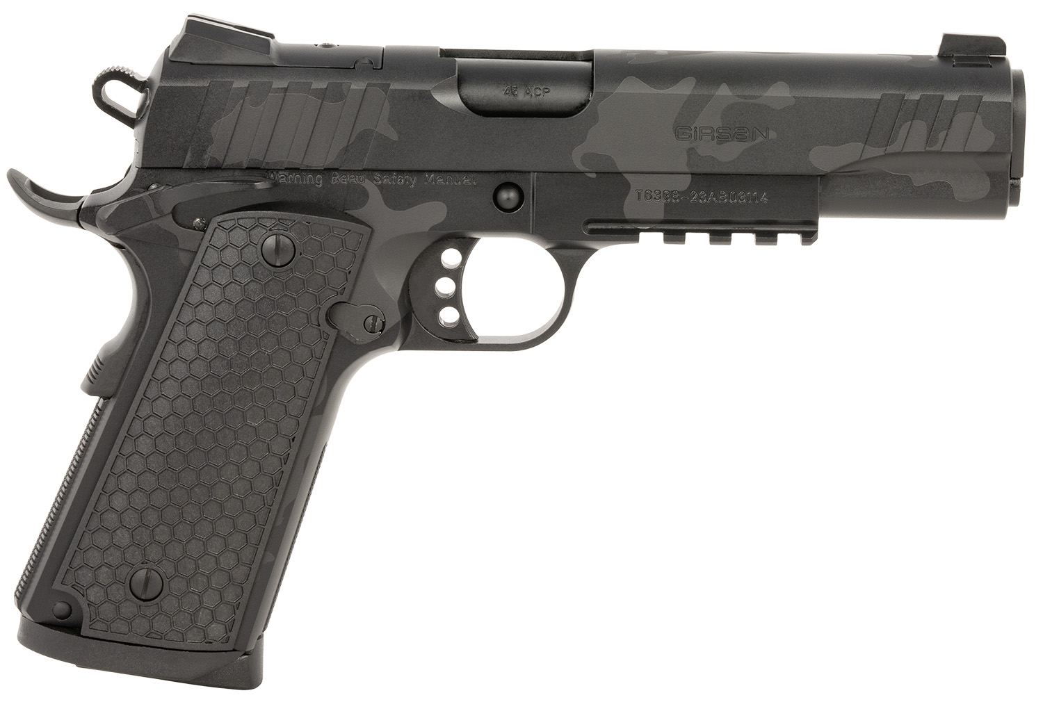 Girsan 391157 MC1911 S Influencer Full Size 45 ACP 8+1 5" Black Steel Barrel, Black Camo Optic Ready/Serrated Steel Slide & Frame w/Picatinny Rail & Beavertail, Black Polymer Grip