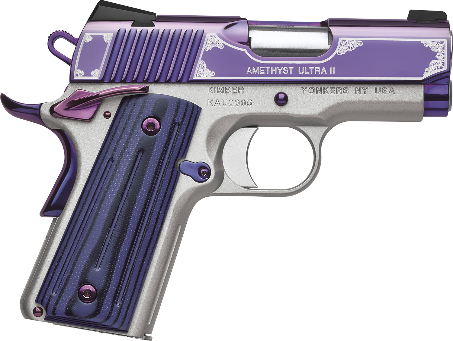Kimber Mfg, Inc 3200319 Ultra II 9mm Luger 8+1 3" Stainless Match Grade Barrel, Engraved Purple Amethyst PVD Serrated Stainless Steel Slide, Satin Silver Aluminum Frame w/Beavertail, G10 Grip