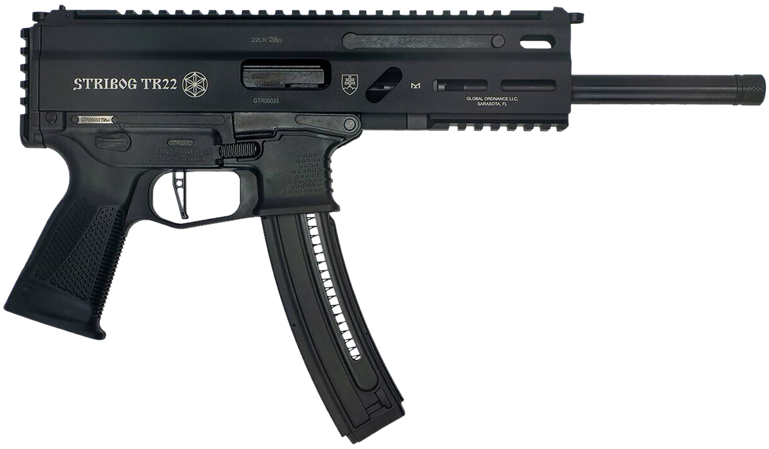 Grand Power 8588005808606 TR22 Stribog 22 LR 25+1 10" Black Threaded Barrel, Black Hardcoat Anodize Receiver w/Picatinny Rail, Black Polymer Grip, Ambidextrous
