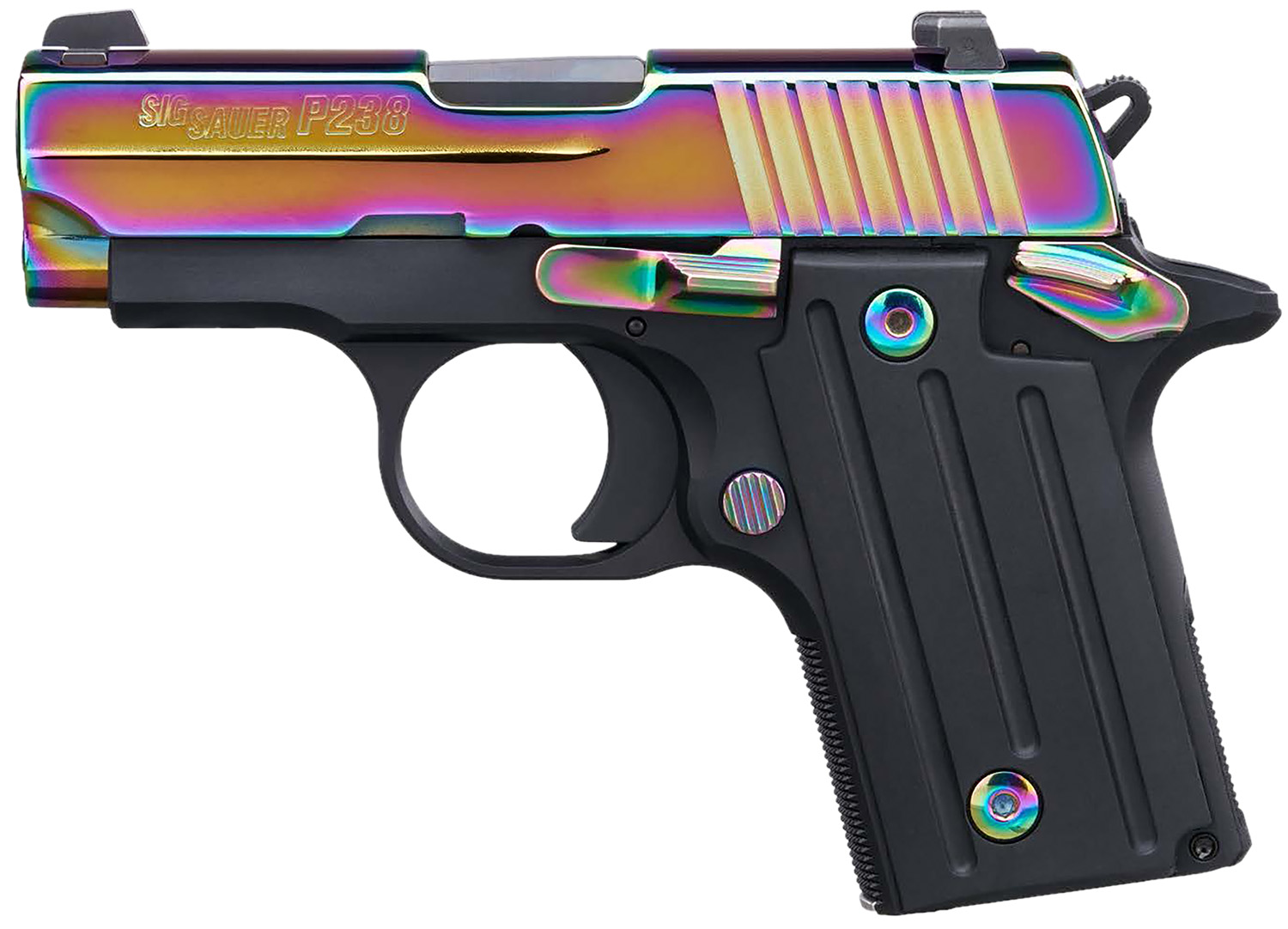 Sig Sauer 238380RBT2 P238 Micro-Compact Frame 380 ACP 6+1 2.70" Black Steel Barrel, High Polished Rainbow Titanium PVD Serrated Stainless Steel Slide, Black Anodized Alloy Steel Frame, Polymer Grip