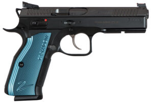 CZ-USA 91257 Shadow 2  SA/DA 9mm Luger 4.89" 17+1 Overall Black Nitride Finish with Inside Railed  Steel Slide, Blue Aluminum Grip, Non-Tilted Barrel & Picatinny Rail