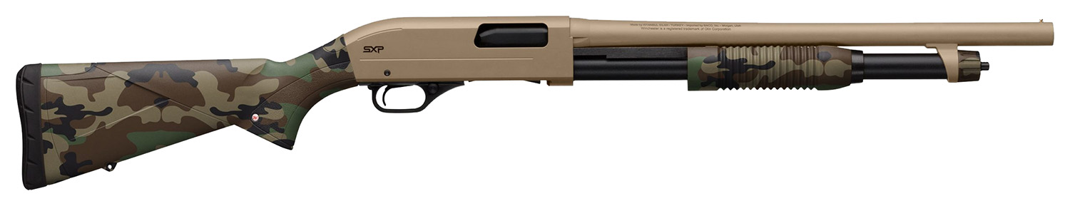 Winchester Repeating Arms SXP Defender 20 Gauge 3" 5+1 (2.75") 18" Barrel, FDE Drilled & Tapped Rec, Woodland Camo Textured Stock, Tactical Ribbed Forearm, Inflex Recoil Pad
