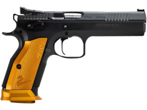 CZ-USA 91266 TS 2  9mm Luger 20+1 5.28" Stainless Bull Barrel, Black Serrated Steel Slide, Black Polycoat Steel Frame w/Beavertail, Orange Checkered Aluminum Grip