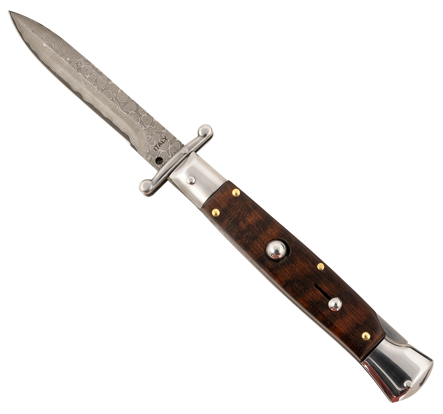 Steel River Knives SGSWRDAM Spartan 3.9" Italian Bayonet Damascus 5.1" Snakewood Buffalo Horn Handle Side Open