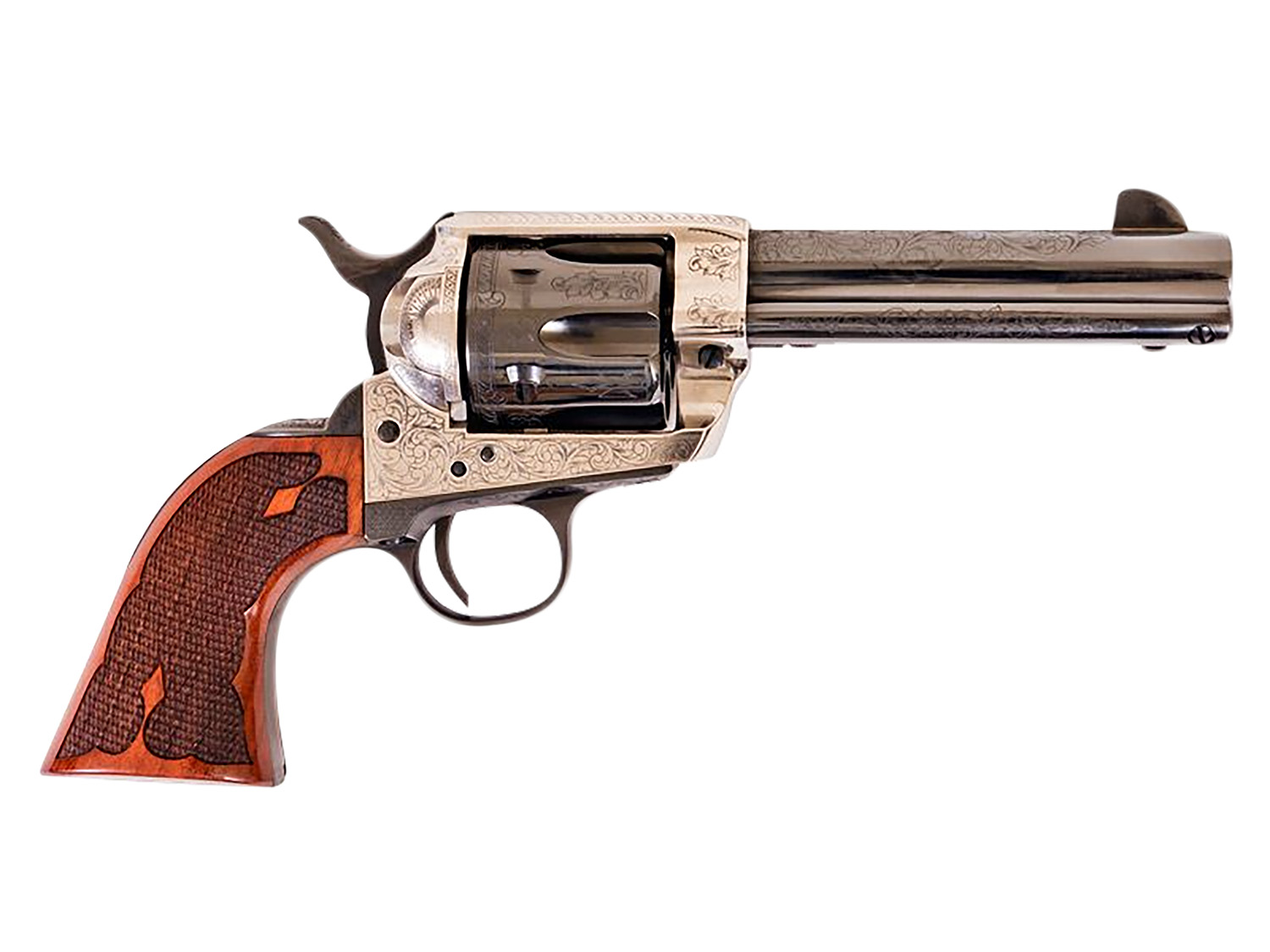Cimarron PP400LSFW Frontier 357 Mag 6 Shot 4.75" Blued Barrel, Blued Cylinder, Old Silver Engraved Frame, Checkered Walnut Grip