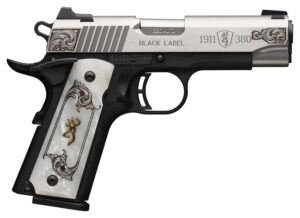 Browning 051967492 1911 Black Label Medallion Compact 380 ACP 8+1 3.63" Matte Stainless Stainless Steel Barrel & Serrated Slide, Matte Black Polymer Frame w/Beavertail, White Imitation Pearl Grip
