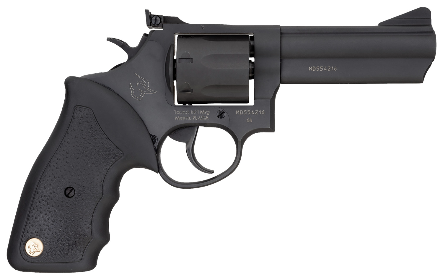 Taurus 2-660041 66 Medium 357 Mag/38 Special +P 7 Shot 4" Matte Black Oxide Ally Steel Barrel, Cylinder & Frame, Black Finger Grooved Rubber Grip, Transfer Bar Safety, Exposed Hammer