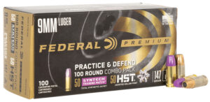 Federal P9HST2TM100 Premium Practice & Defend 9mmLuger 147gr HST JHP/Syntech TSJ 100 Per Box/5 Case