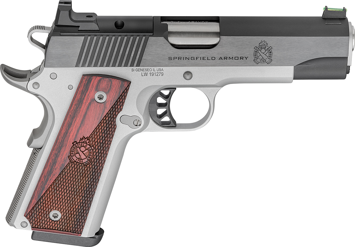 Springfield Armory PX9118LAOS 1911 Ronin 45 ACP 8+1 4.25" Stainless Steel Barrel Optic Ready Blued Slide Crossed Cannon Wood Laminate Grip