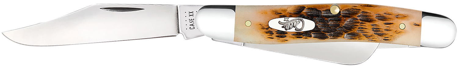 Case 00128 Stockman Medium 2.92"/2.15"/1.90" Folding Clip/Sheepsfoot/Spey Plain Mirror Polished Tru-Sharp SS Blade/Peach Seed Jigged Amber Bone Handle