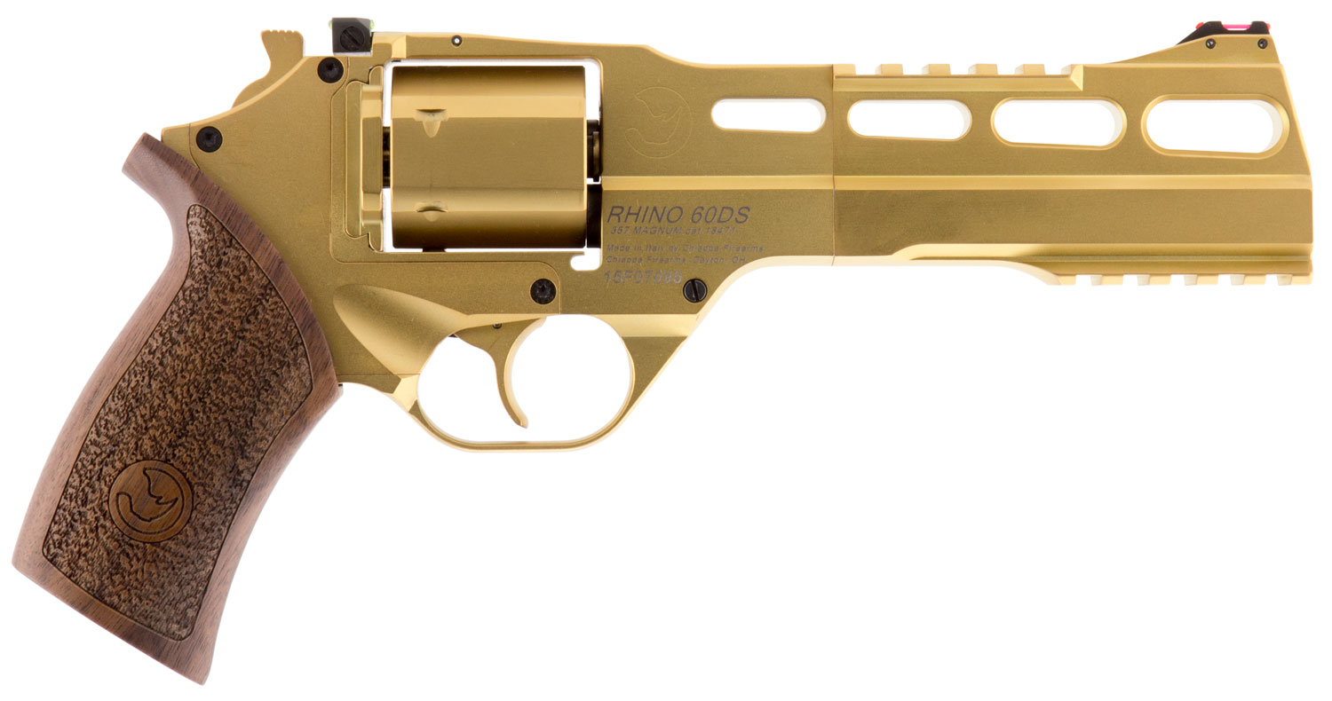 Chiappa Firearms 340225 Rhino 60DS Medium Frame 357 Mag 6 Shot, 6" Gold Plated PVD Steel Vent Rib Barrel & Cylinder, Gold Plated PVD Aluminum Frame, Walnut Grip, Concealed Hammer