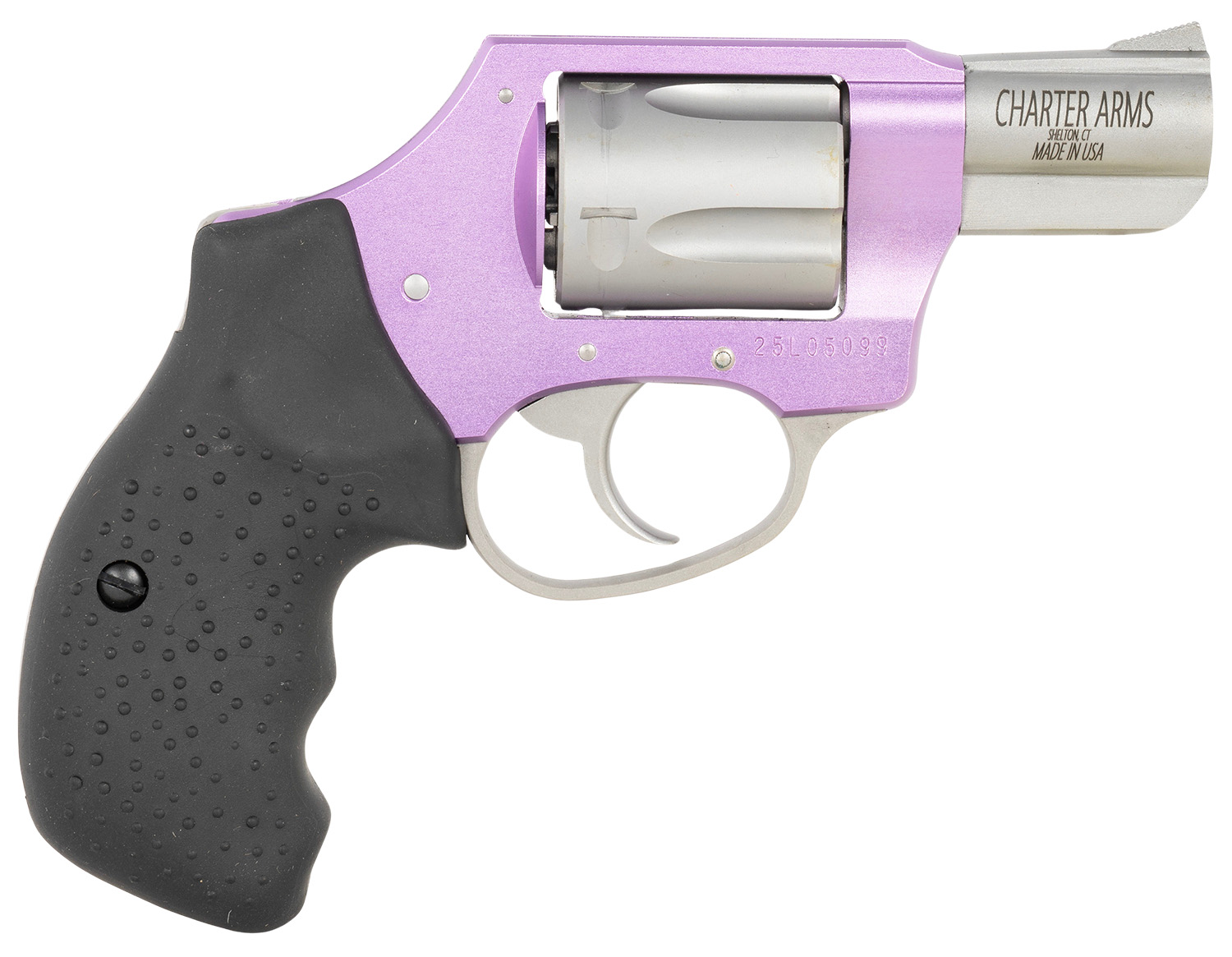 Charter Arms 53841 Undercover Lite Lavender Lady Small 38 Special 5rd 2" Stainless Steel Barrel & Cylinder, Lavender Aluminum Frame, Black Finger Grooved Rubber Grip, Concealed Hammer