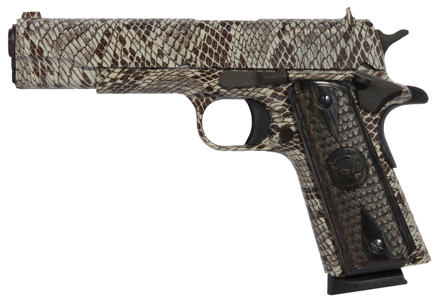 Iver Johnson Arms 1911A1COPPERHEAD 1911 A1 Copperhead 45 ACP 8+1 5" Black Steel Barrel, Tan Snakeskin Hydrographic Serrated Steel Slide & Frame w/Beavertail, Black Snakeskin Diamondwood Grip