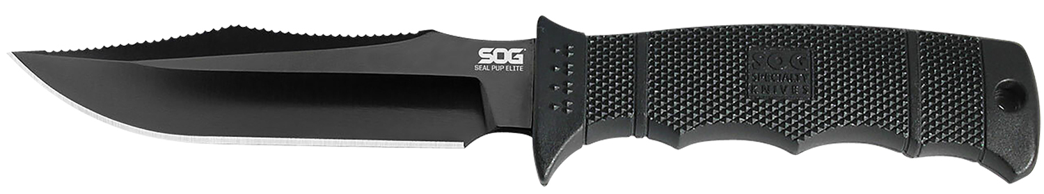 S.O.G SOGE37SNCP Seal Pup Elite 4.85" Fixed Clip Point Plain Black Hardcased TiCN AUS-8A SS Blade/Black w/Grip Lines GRN Handle Includes Lanyard/Sheath