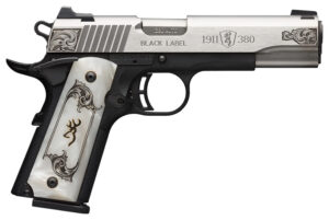 Browning 051966492 1911 Black Label Medallion Full Size Frame 380 ACP 8+1 4.25" Matte Stainless Steel Barrel & Serrated Slide, Matte Black Polymer Frame w/Beavertail, White Imitation Pearl Grip