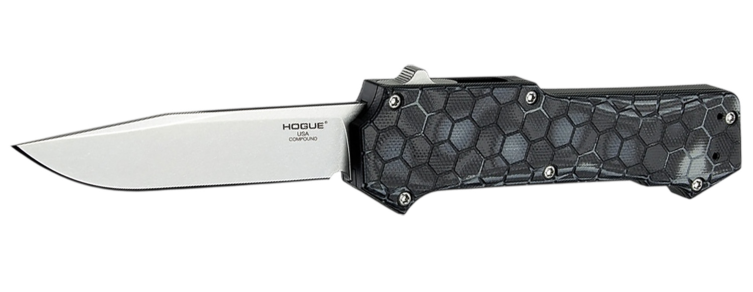 Hogue 34039 Compound 3.50" OTF Clip Point Plain Stone Tumbled CPM 30CV SS Blade. G-Mascus Black Aluminum/G10 Handle